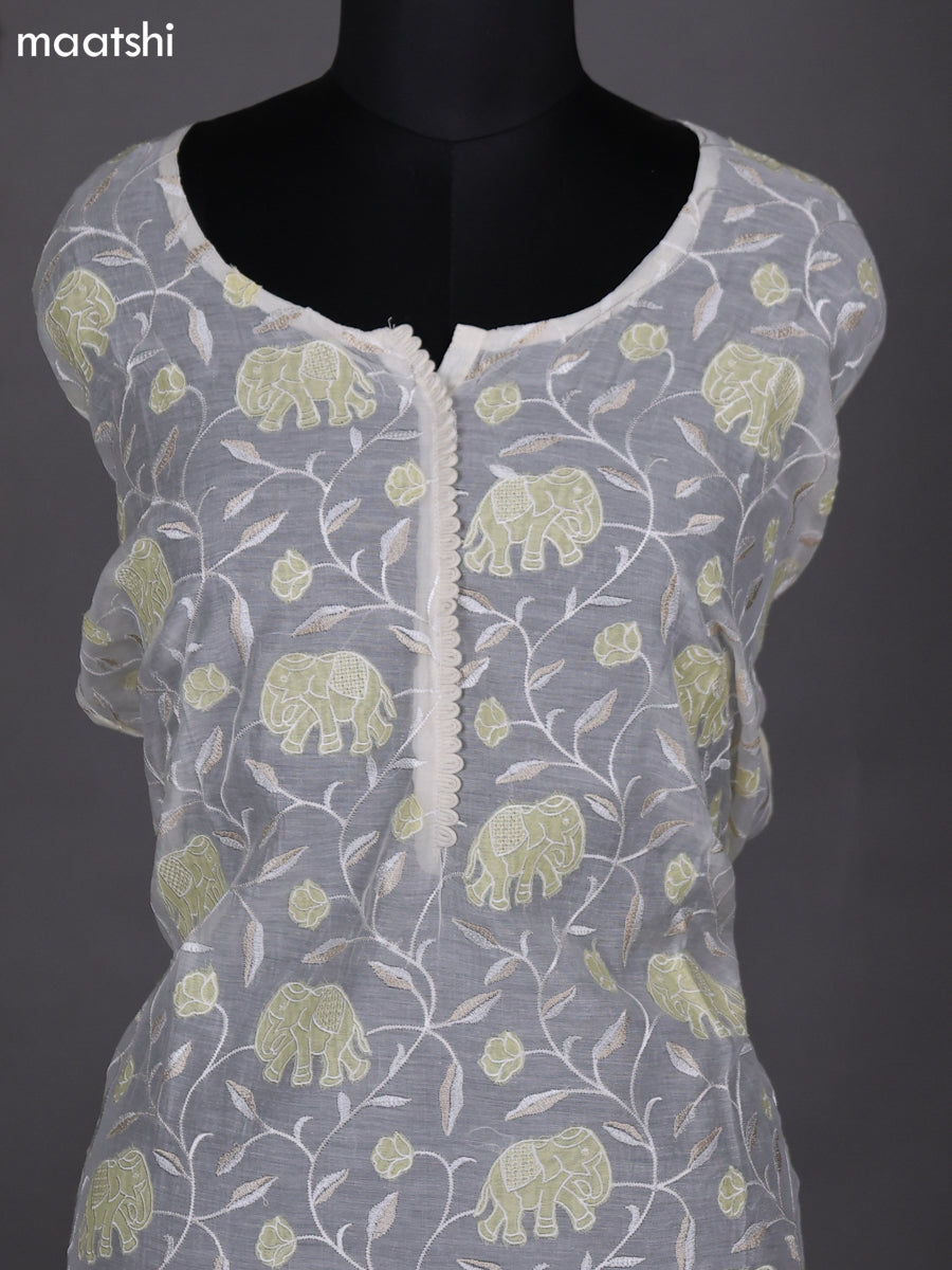 Off White and Pale Yellow Semi Stitch Mul Chanderi Dress Material With Embroidery Work Pattern