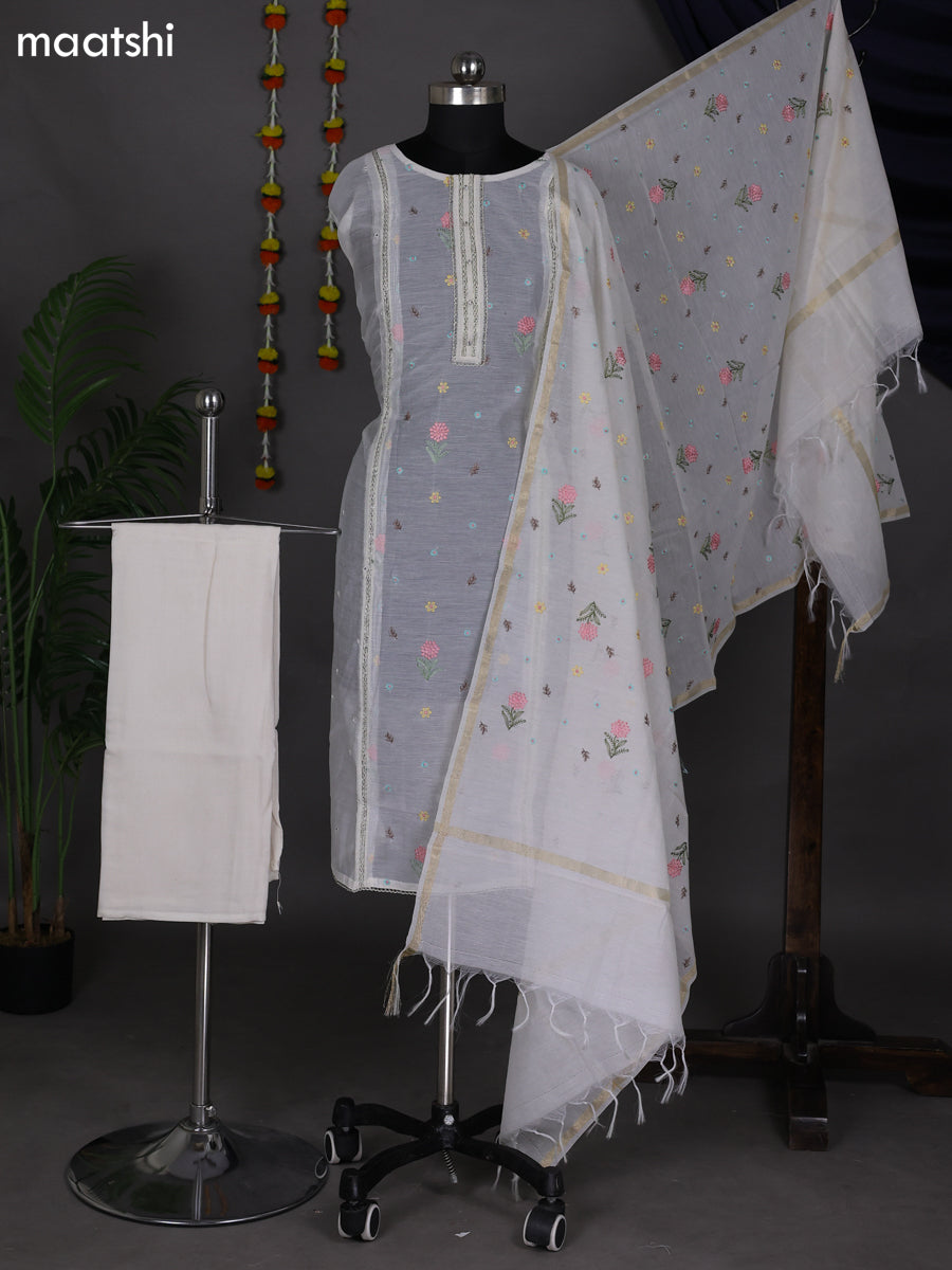 Off White Semi Stitch Mul Chanderi Dress Material With Floral Embroidery Work Pattern