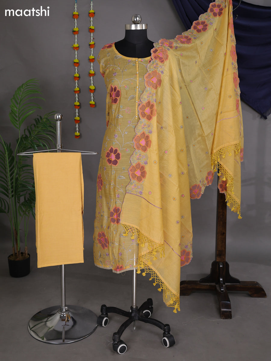 Mustard Yellow Semi Stitch Mul Chanderi Dress Material With Embroidery Work Pattern