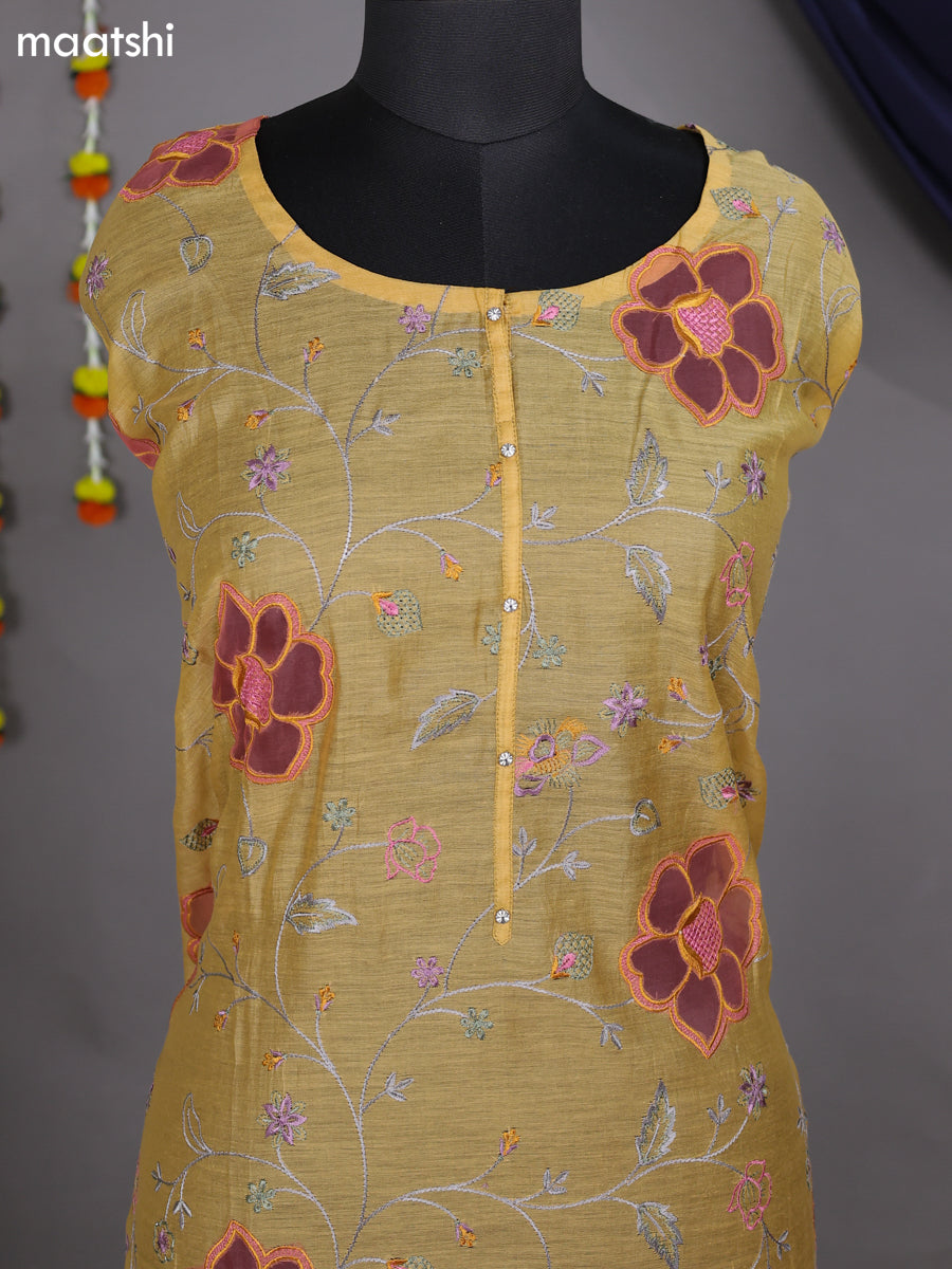Mustard Yellow Semi Stitch Mul Chanderi Dress Material With Embroidery Work Pattern
