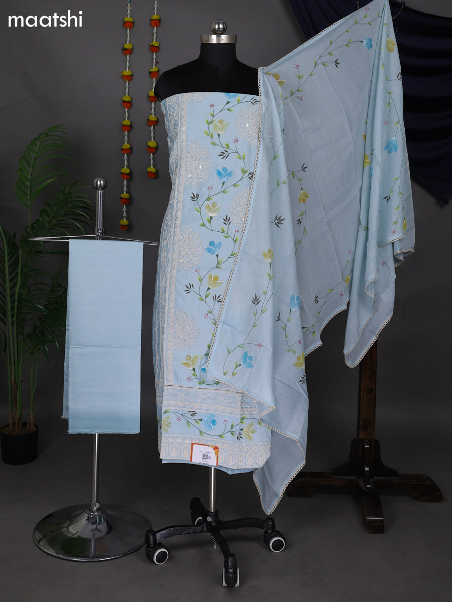 Light Blue Raw Silk Dress Material With Embroidery Work Neck Pattern