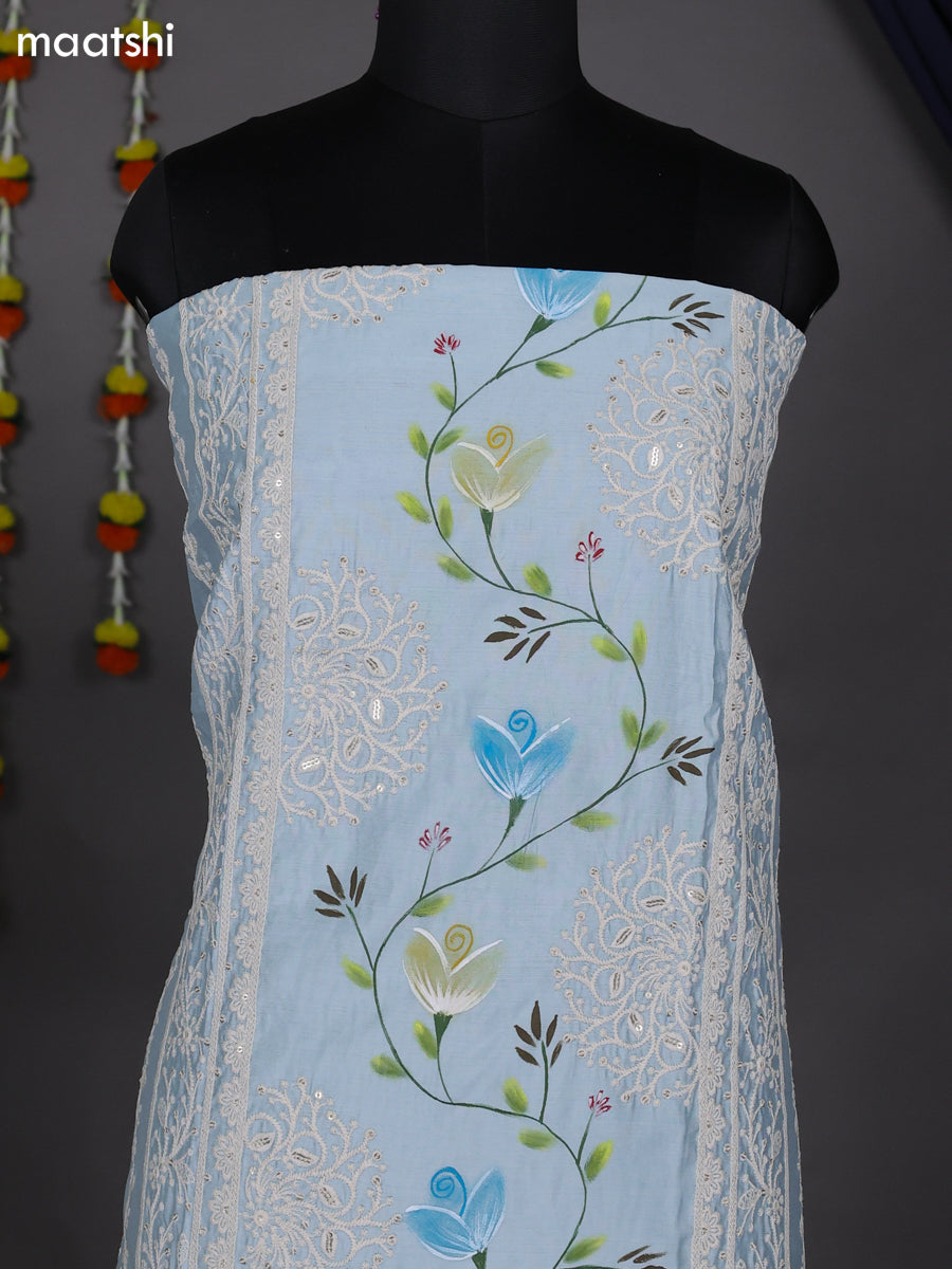 Light Blue Raw Silk Dress Material With Embroidery Work Neck Pattern
