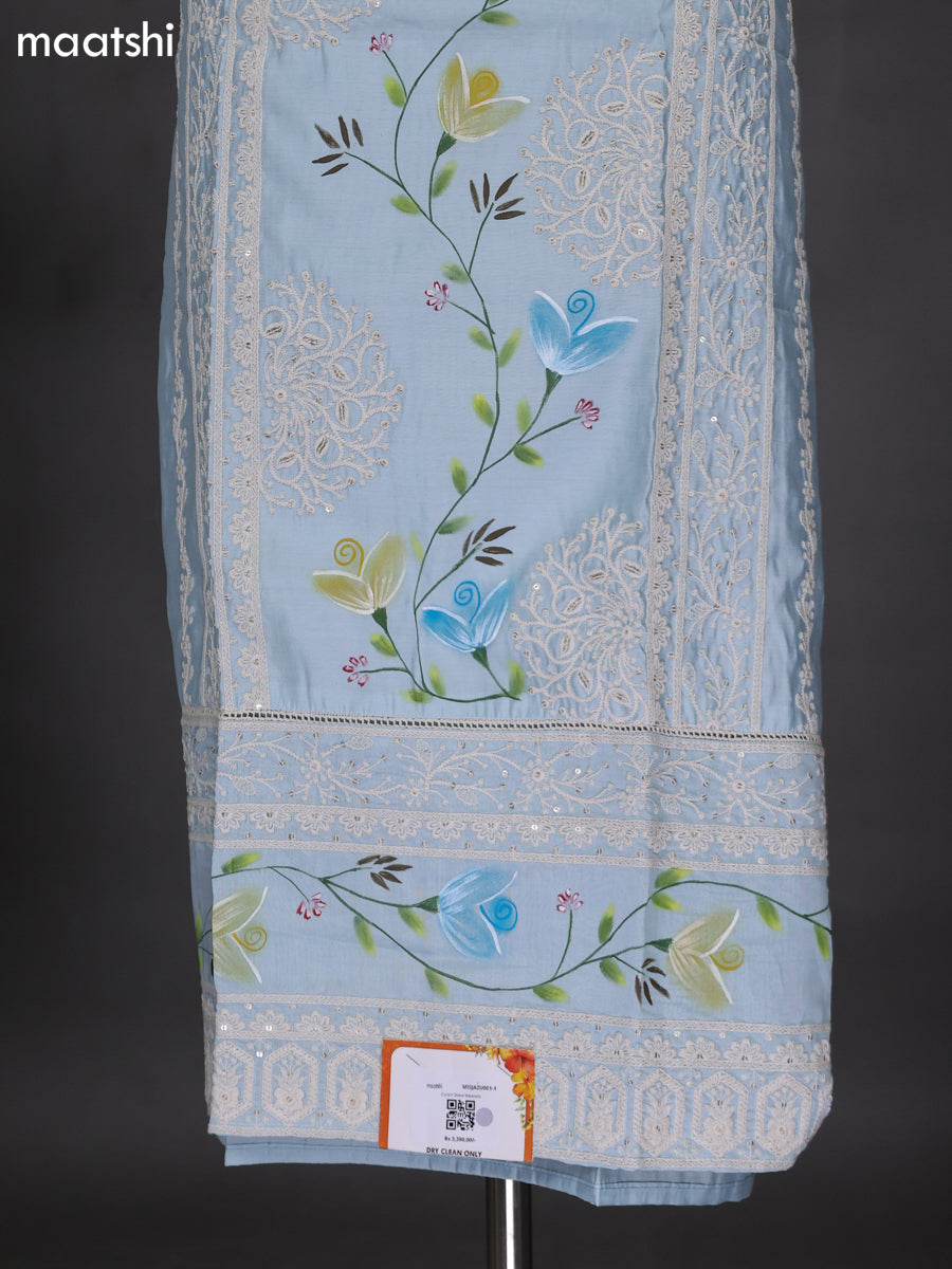 Light Blue Raw Silk Dress Material With Embroidery Work Neck Pattern