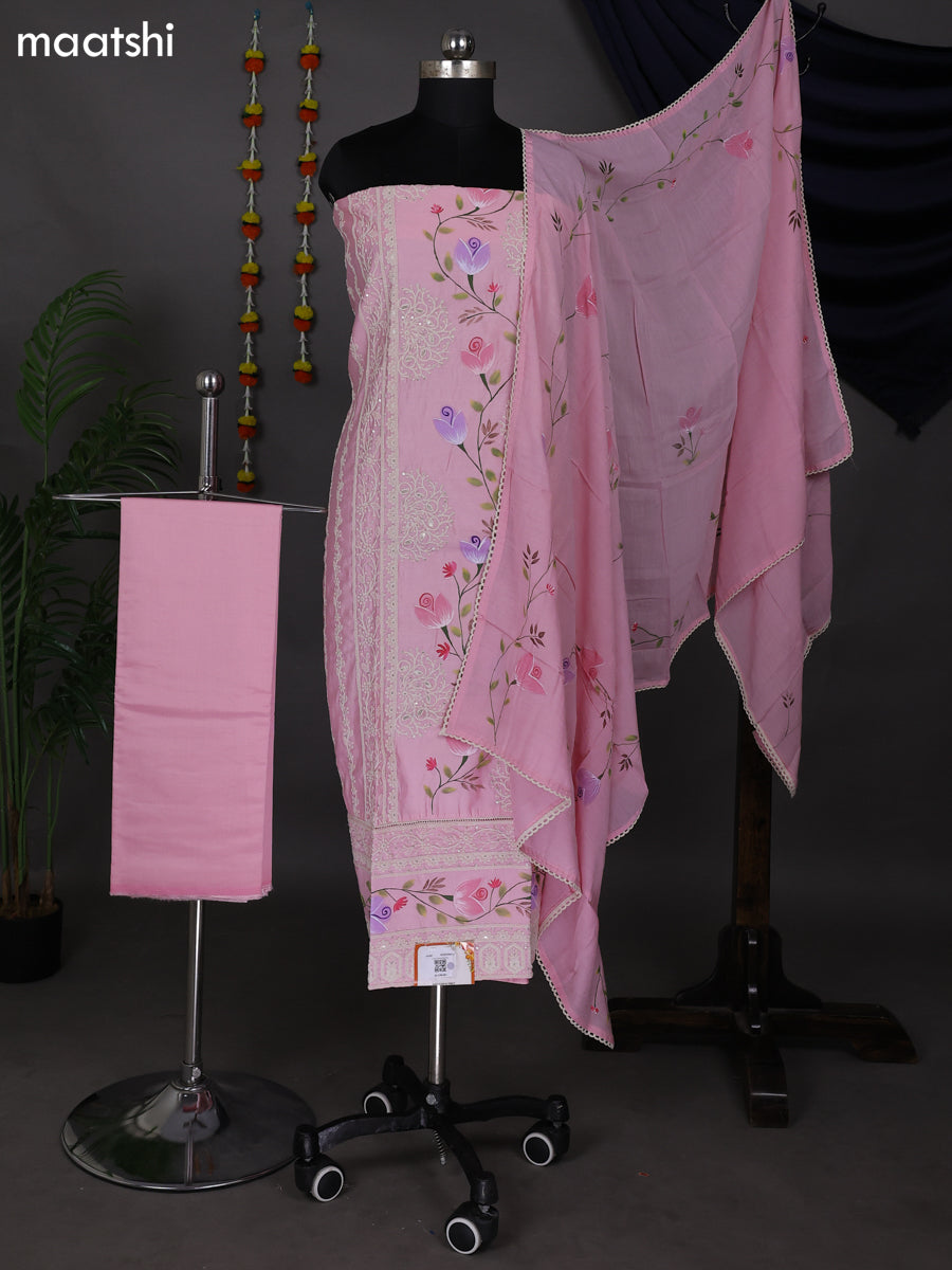Light Pink Raw Silk Dress Material With Embroidery Work Neck Pattern