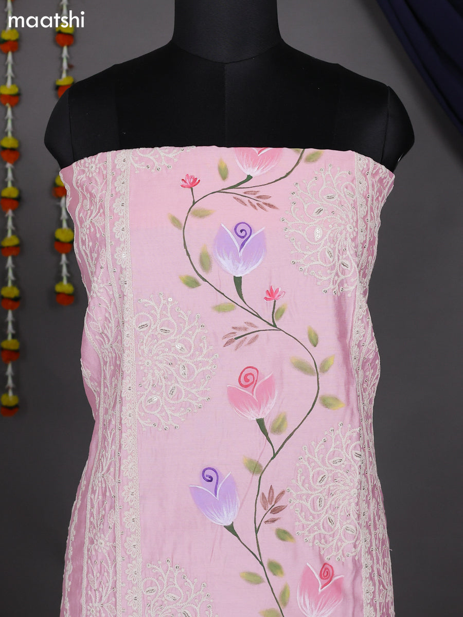 Light Pink Raw Silk Dress Material With Embroidery Work Neck Pattern