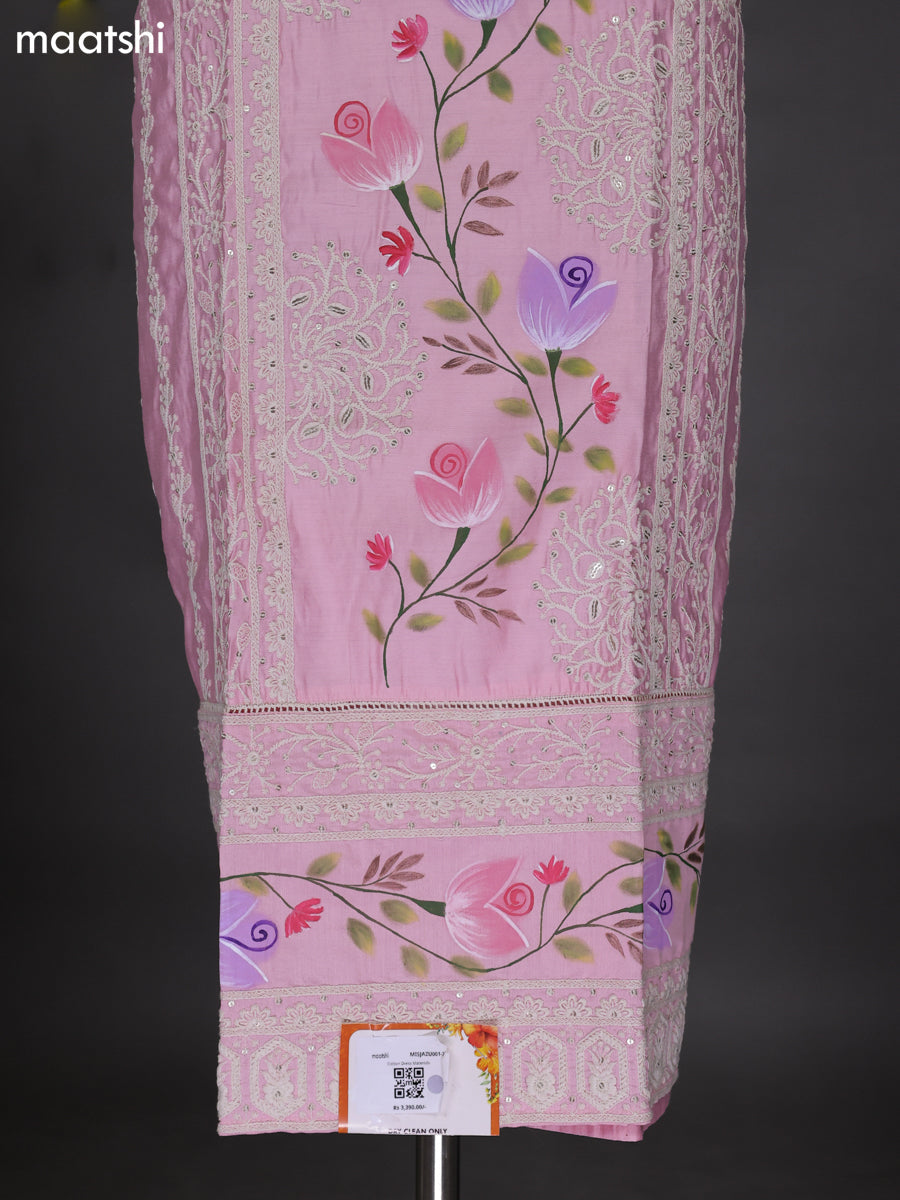 Light Pink Raw Silk Dress Material With Embroidery Work Neck Pattern