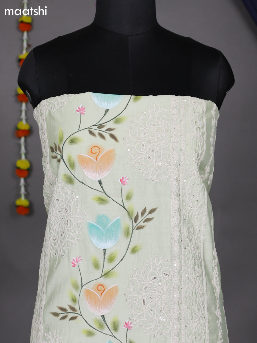Mild Pista Green Raw Silk Dress Material With Embroidery Work Neck Pattern