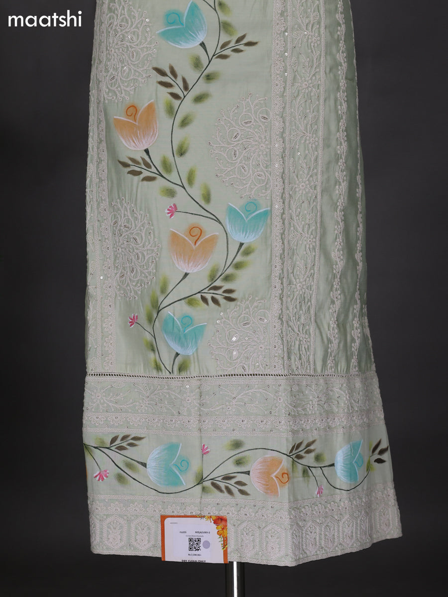 Mild Pista Green Raw Silk Dress Material With Embroidery Work Neck Pattern