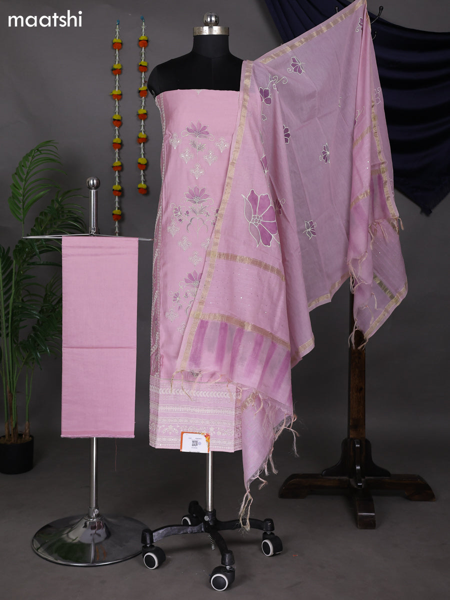 Light Pink Raw Silk Dress Material With Embroidery Work Neck Pattern