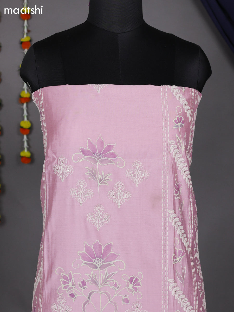 Light Pink Raw Silk Dress Material With Embroidery Work Neck Pattern