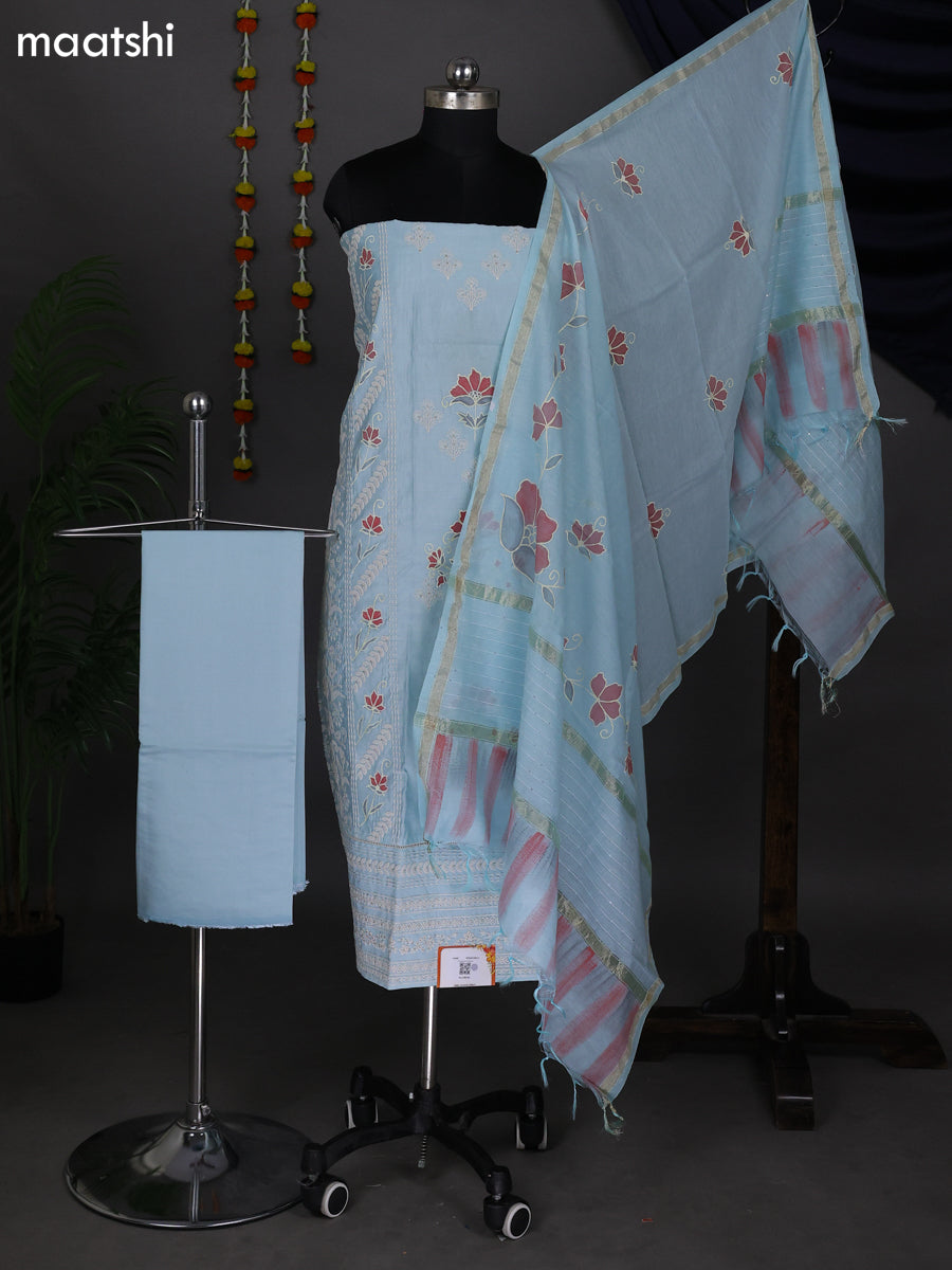 Light Blue Raw Silk Dress Material With Embroidery Work Neck Pattern