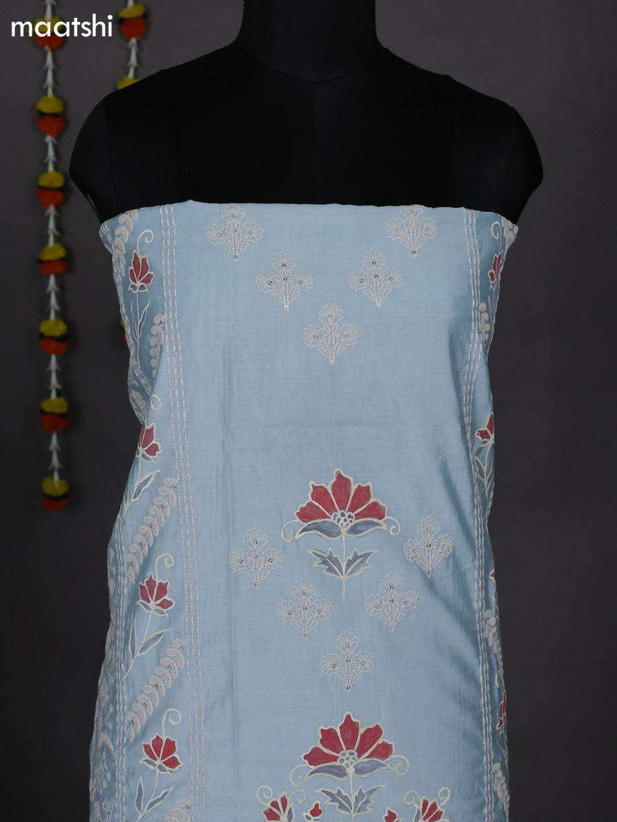 Light Blue Raw Silk Dress Material With Embroidery Work Neck Pattern
