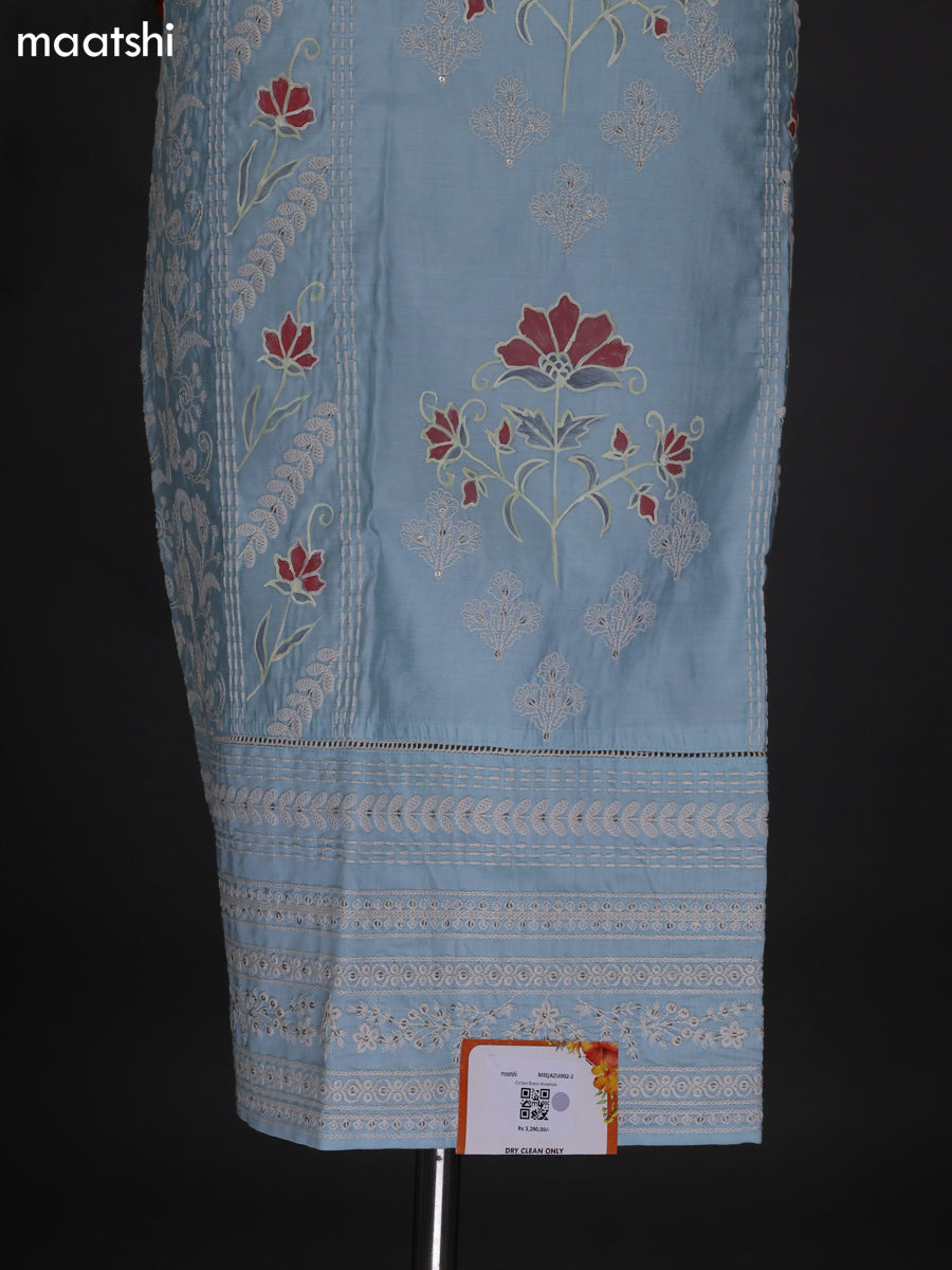 Light Blue Raw Silk Dress Material With Embroidery Work Neck Pattern
