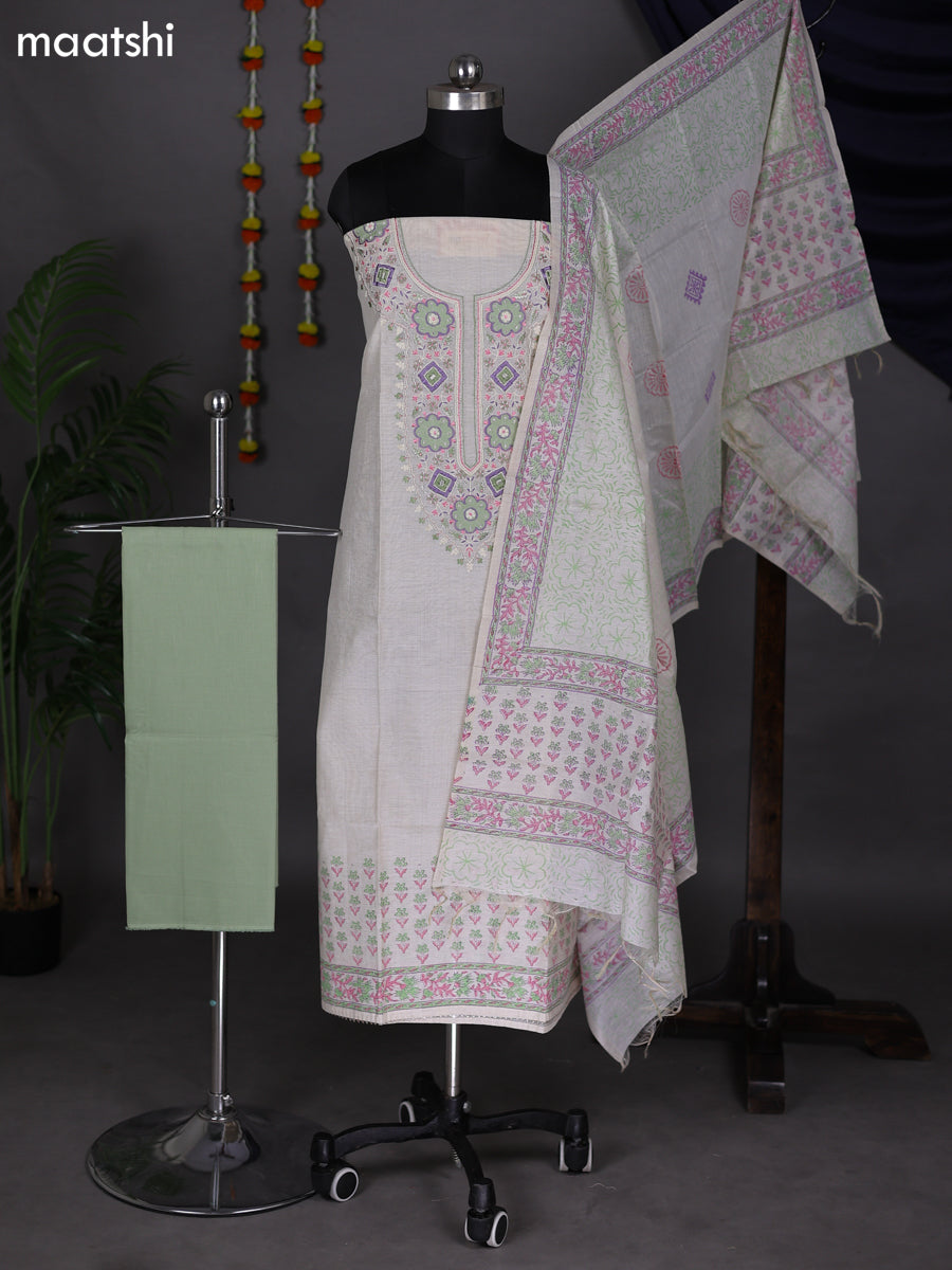 Off White and Pastel Green Cotton Dress Material With Embroidery Work Neck Pattern and Bottom & Dupatta