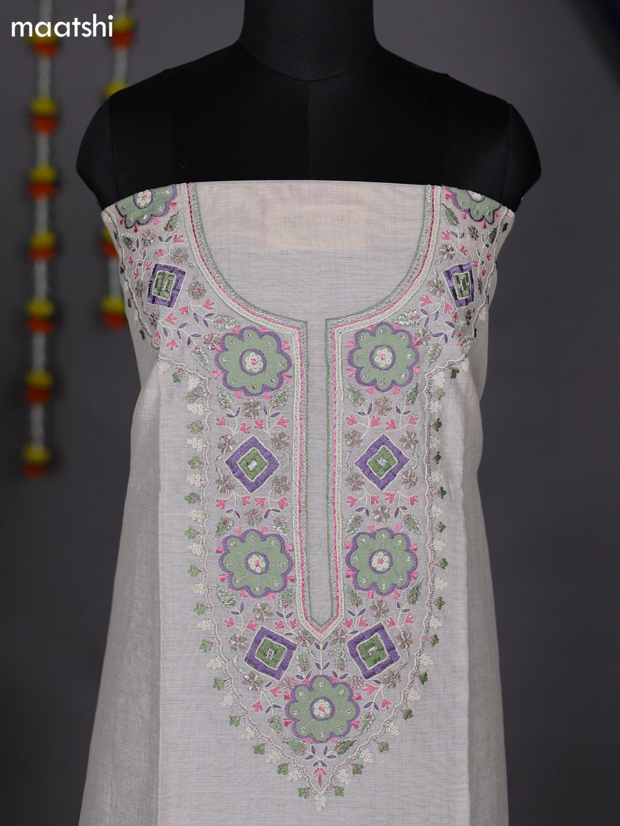 Off White and Pastel Green Cotton Dress Material With Embroidery Work Neck Pattern and Bottom & Dupatta