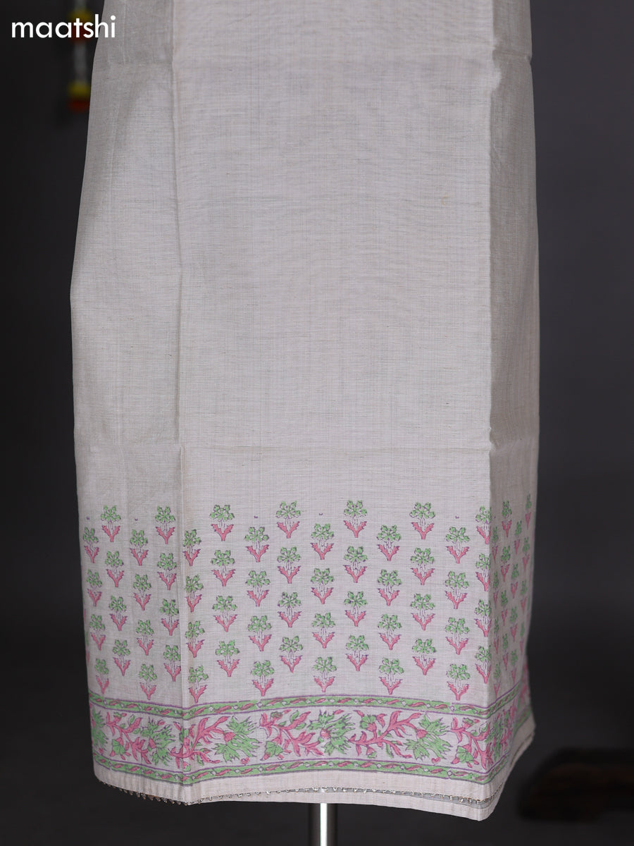 Off White and Pastel Green Cotton Dress Material With Embroidery Work Neck Pattern and Bottom & Dupatta