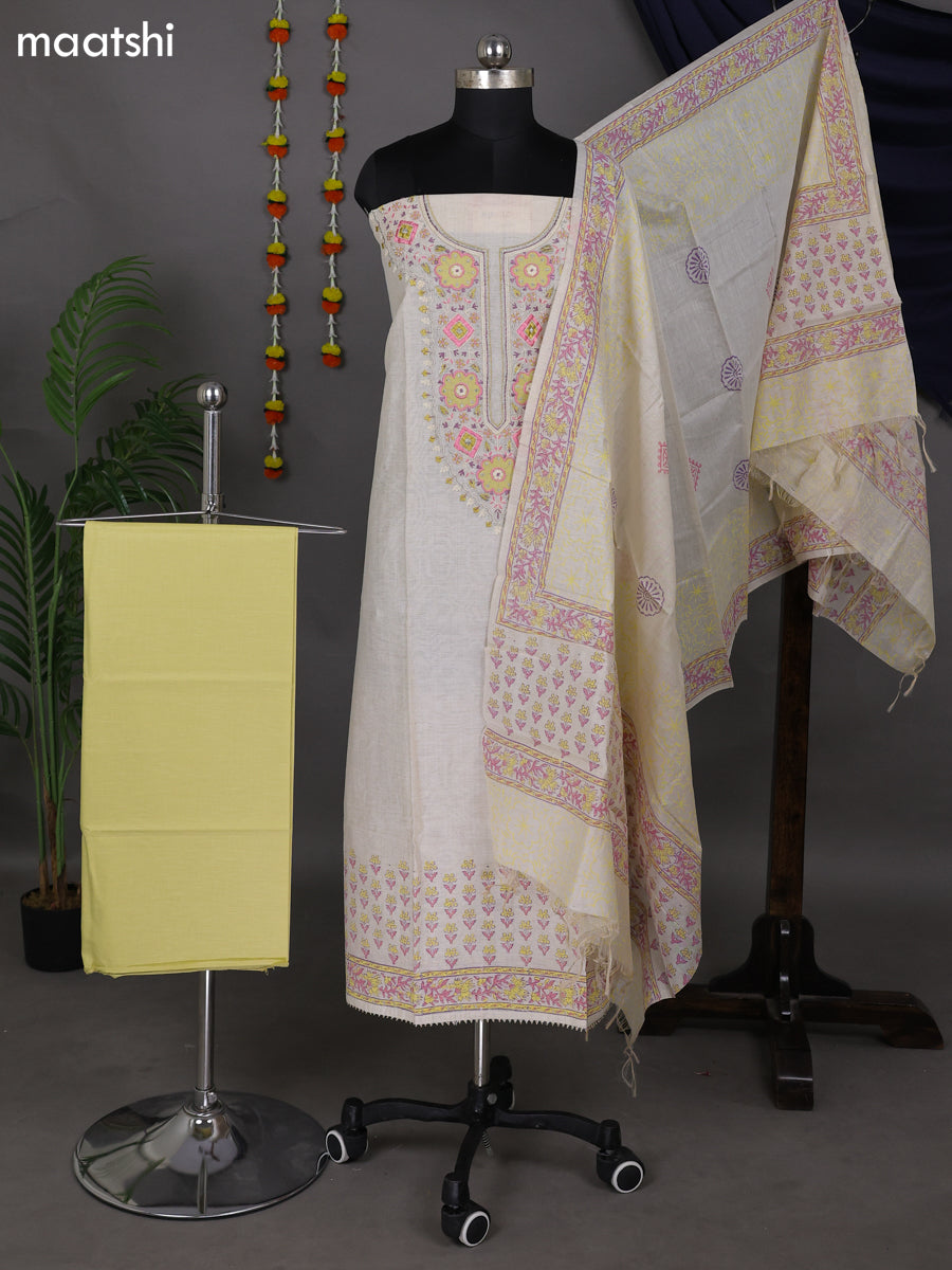 Cream and Lime Green Shade Cotton Dress Material With Embroidery Work Neck Pattern and Bottom & Dupatta