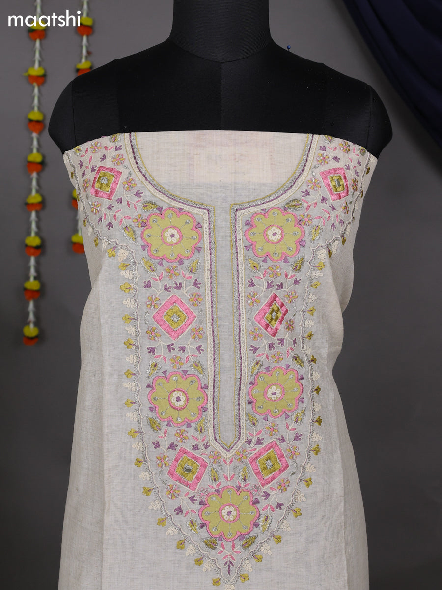 Cream and Lime Green Shade Cotton Dress Material With Embroidery Work Neck Pattern and Bottom & Dupatta