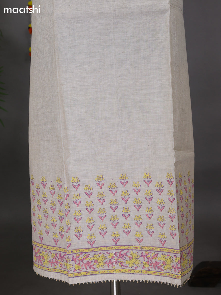 Cream and Lime Green Shade Cotton Dress Material With Embroidery Work Neck Pattern and Bottom & Dupatta