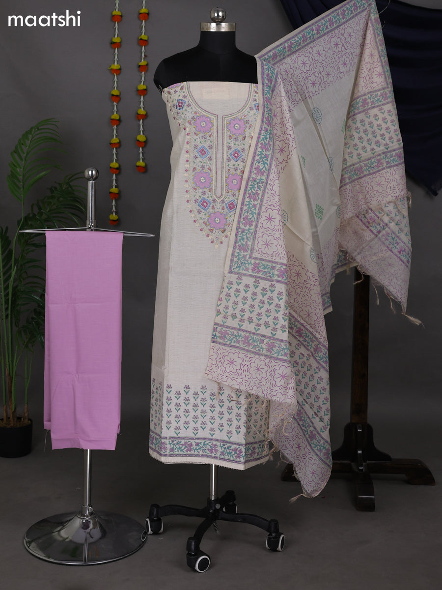 Cream and Lavender Shade Cotton Dress Material With Embroidery Work Neck Pattern and Bottom & Dupatta