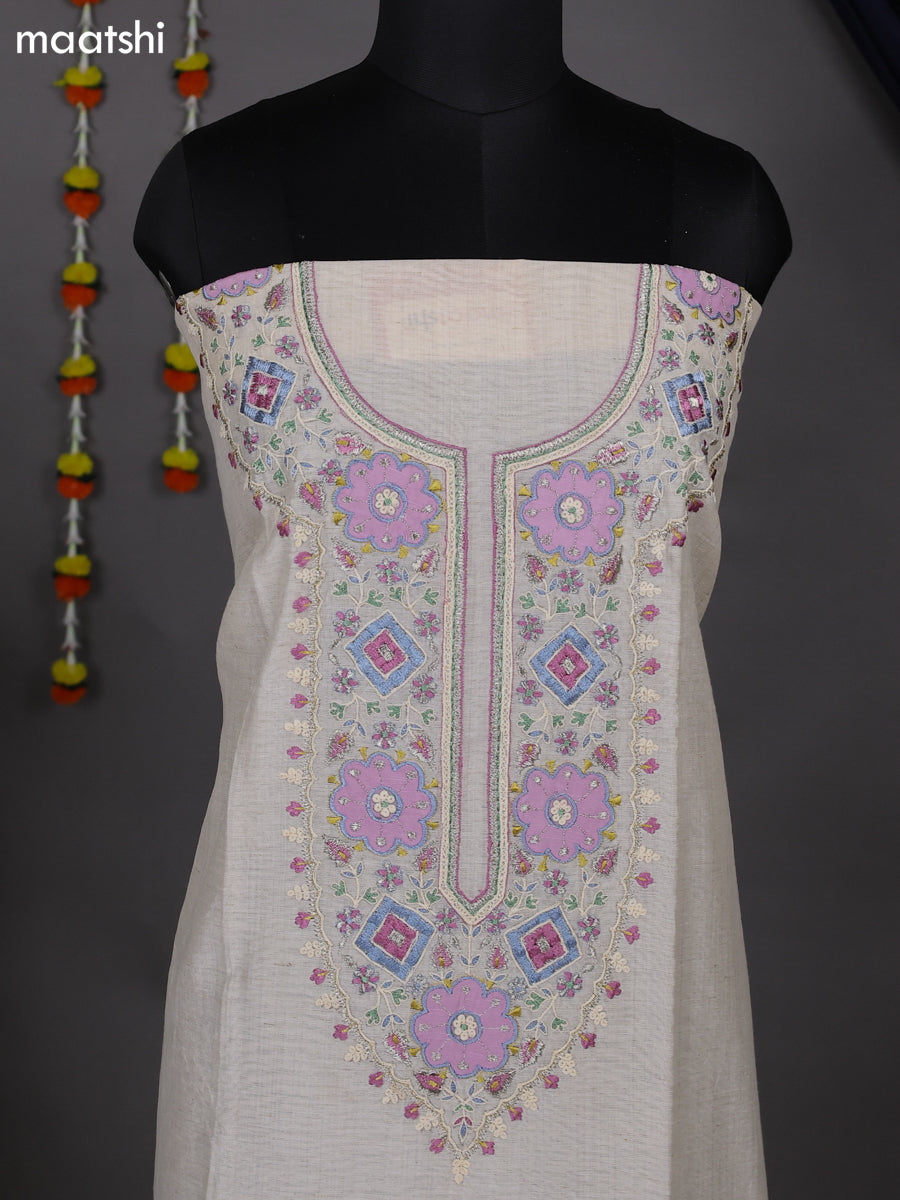 Cream and Lavender Shade Cotton Dress Material With Embroidery Work Neck Pattern and Bottom & Dupatta