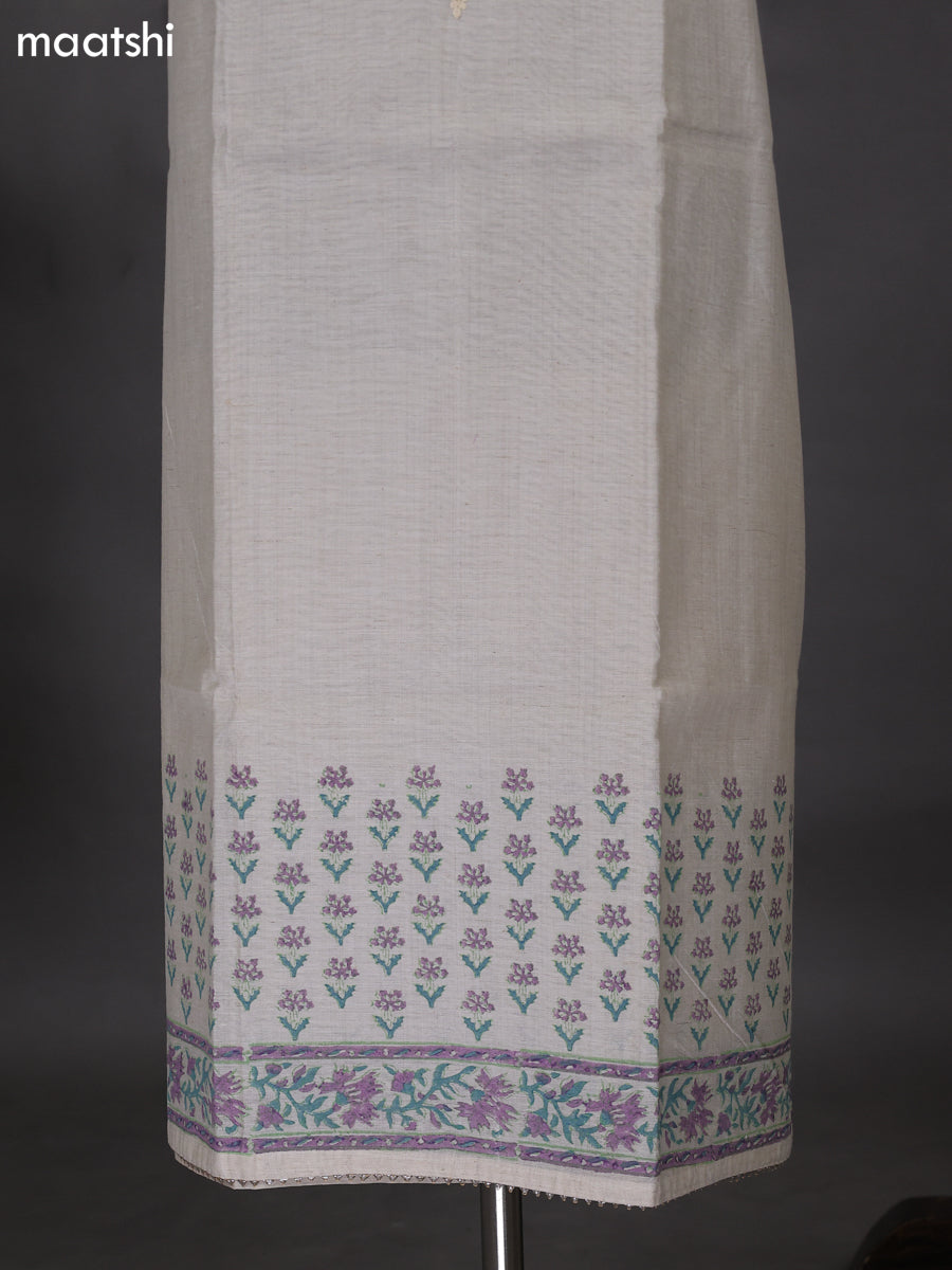 Cream and Lavender Shade Cotton Dress Material With Embroidery Work Neck Pattern and Bottom & Dupatta