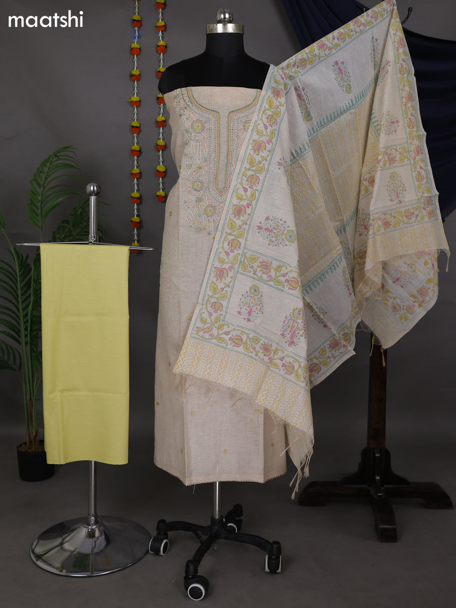 Beige and Lime Green Shade Cotton Dress Material With Embroidery Work Neck Pattern and Bottom & Dupatta