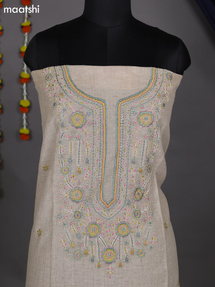 Beige and Lime Green Shade Cotton Dress Material With Embroidery Work Neck Pattern and Bottom & Dupatta