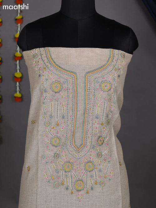 Beige and Lime Green Shade Cotton Dress Material With Embroidery Work Neck Pattern and Bottom & Dupatta