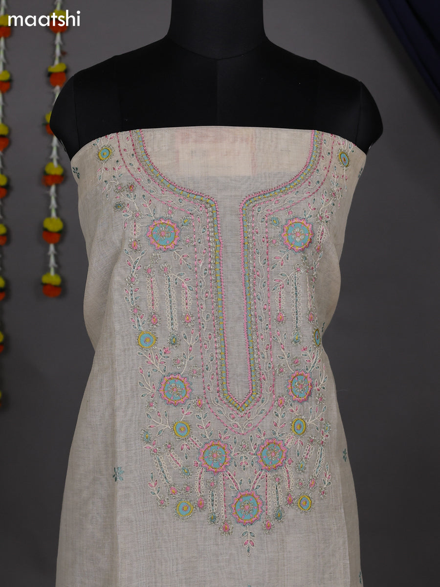 Beige and Pastel Blue Cotton Dress Material With Embroidery Work Neck Pattern and Bottom & Dupatta