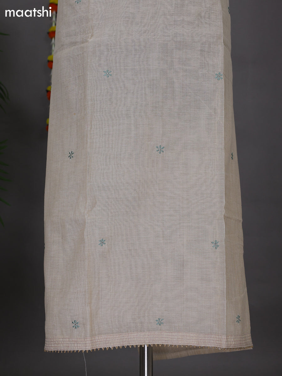 Beige and Pastel Blue Cotton Dress Material With Embroidery Work Neck Pattern and Bottom & Dupatta