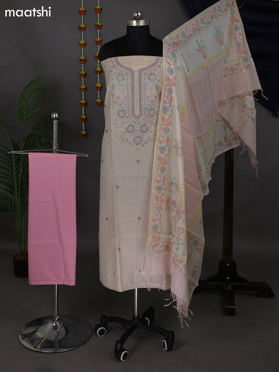 Beige and Peach Pink Cotton Dress Material With Embroidery Work Neck Pattern and Bottom & Dupatta