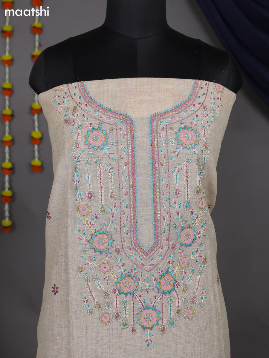 Beige and Peach Pink Cotton Dress Material With Embroidery Work Neck Pattern and Bottom & Dupatta