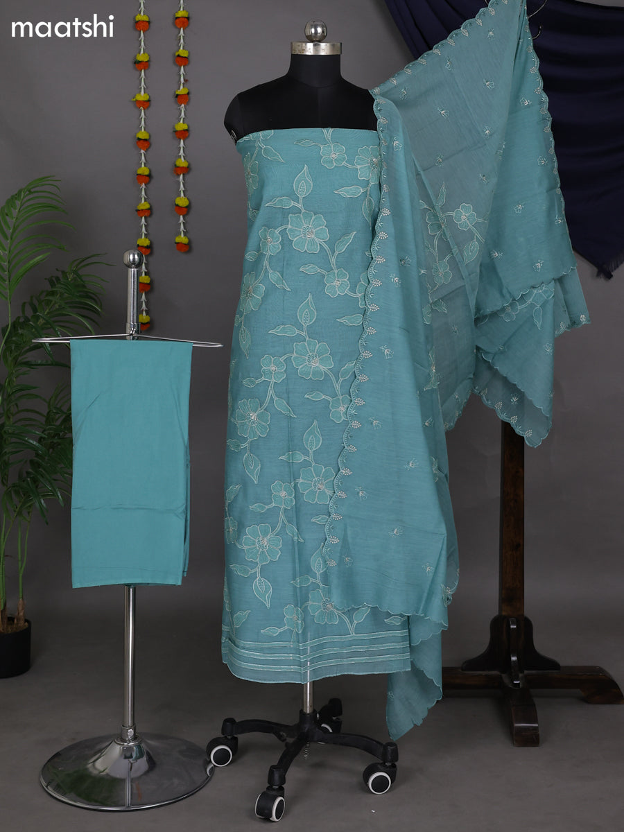 Pastel Green Mul Chanderi Dress Material With Floral Patch Pattern
