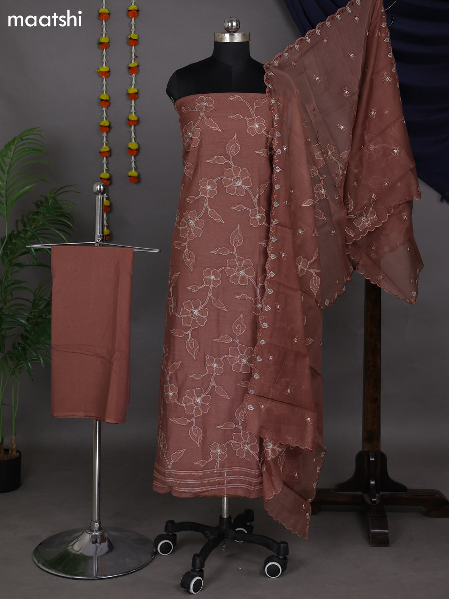 Brown Mul Chanderi Dress Material With Floral Patch Pattern