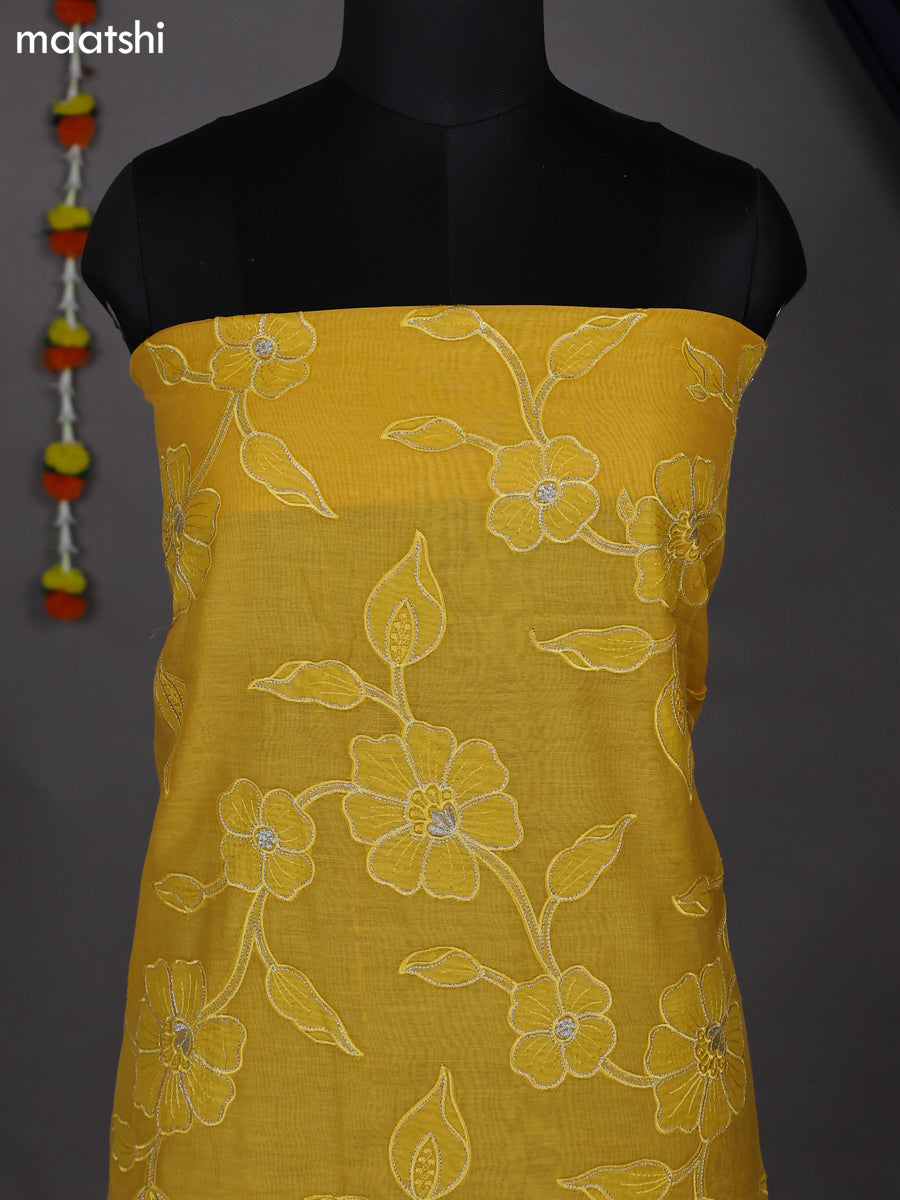 Yellow Mul Chanderi Dress Material With Floral Patch Pattern