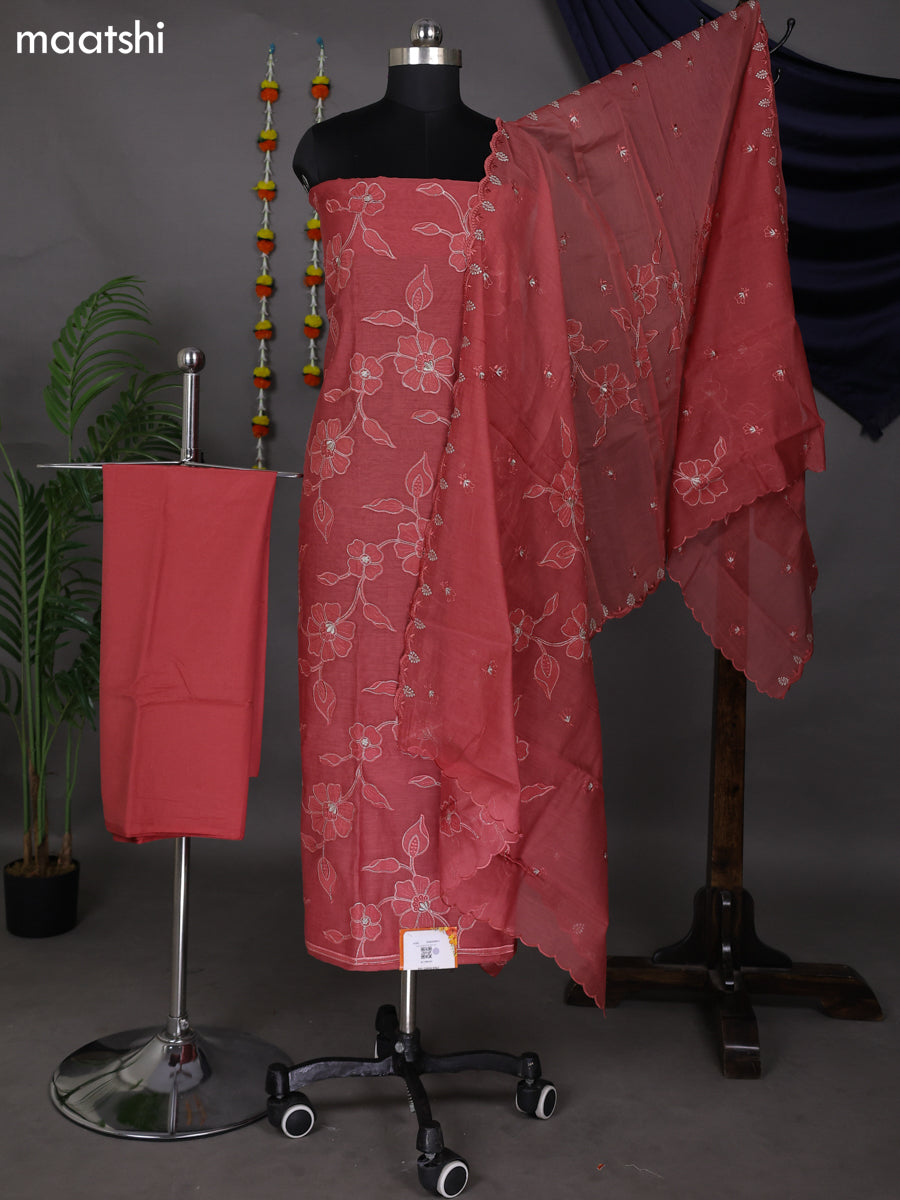 Maroon Shade Mul Chanderi Dress Material With Floral Patch Pattern
