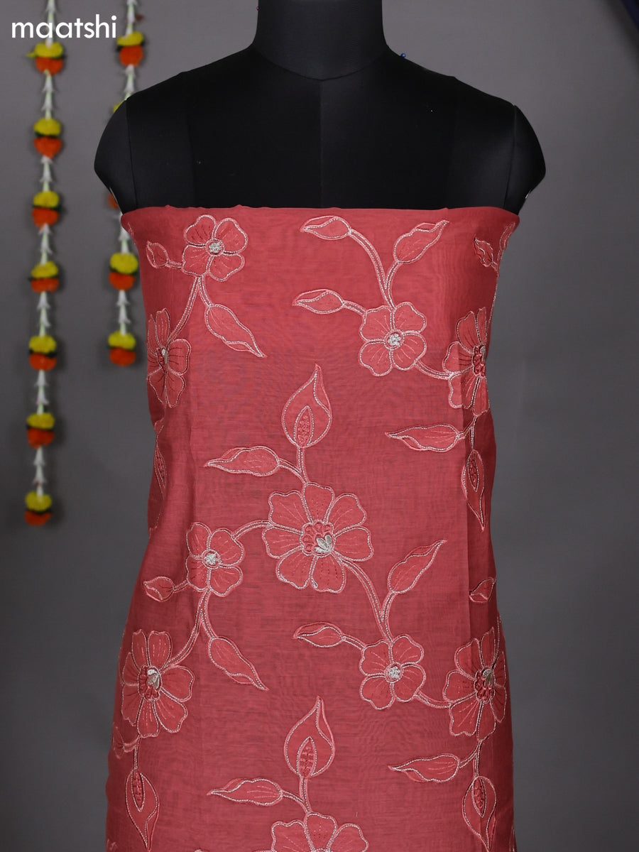 Maroon Shade Mul Chanderi Dress Material With Floral Patch Pattern