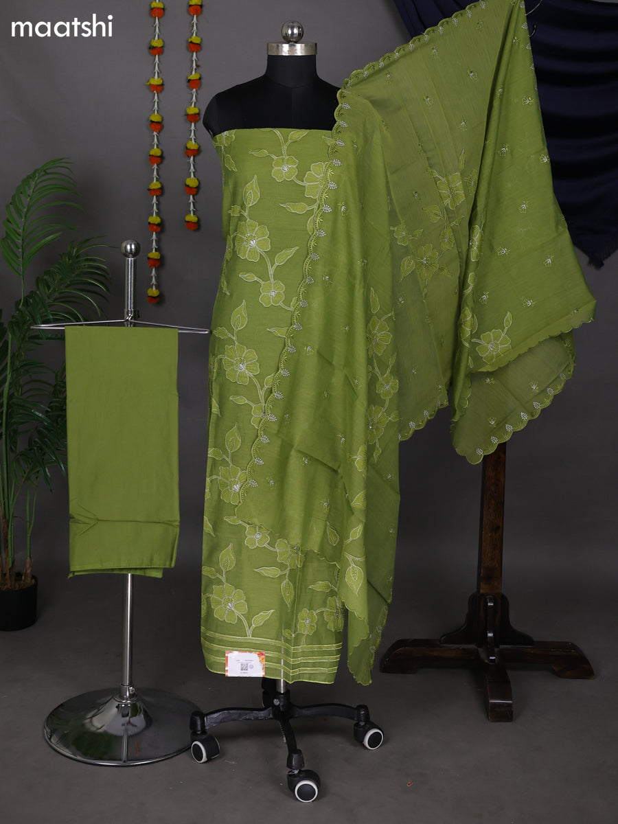 Green Mul Chanderi Dress Material With Floral Patch Pattern