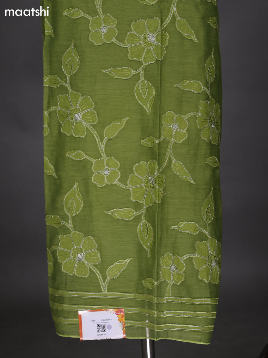 Green Mul Chanderi Dress Material With Floral Patch Pattern