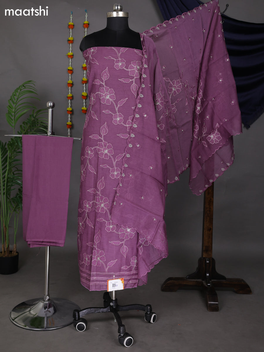 Purple Mul Chanderi Dress Material With Floral Patch Pattern