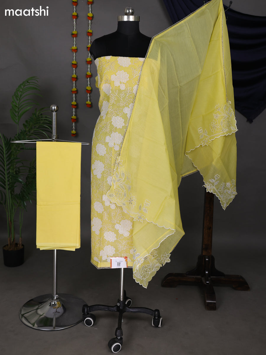 Yellow Mul Chanderi Dress Material With Embroidery Work Pattern