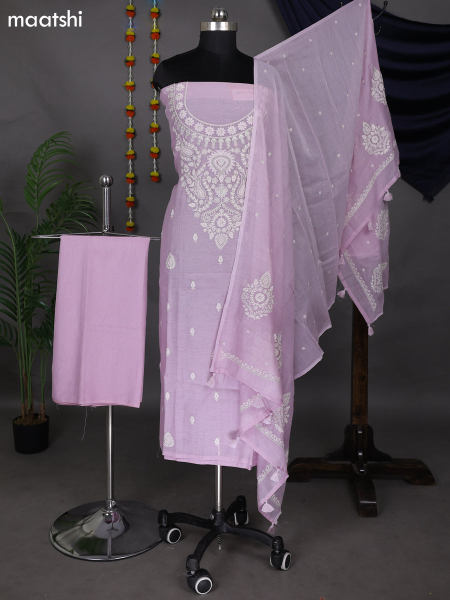 Pasteal Lavender Mul Chanderi Dress Material With Embroidery Work Neck Pattern