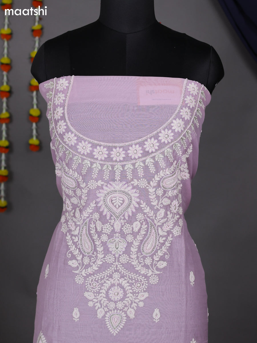 Pasteal Lavender Mul Chanderi Dress Material With Embroidery Work Neck Pattern