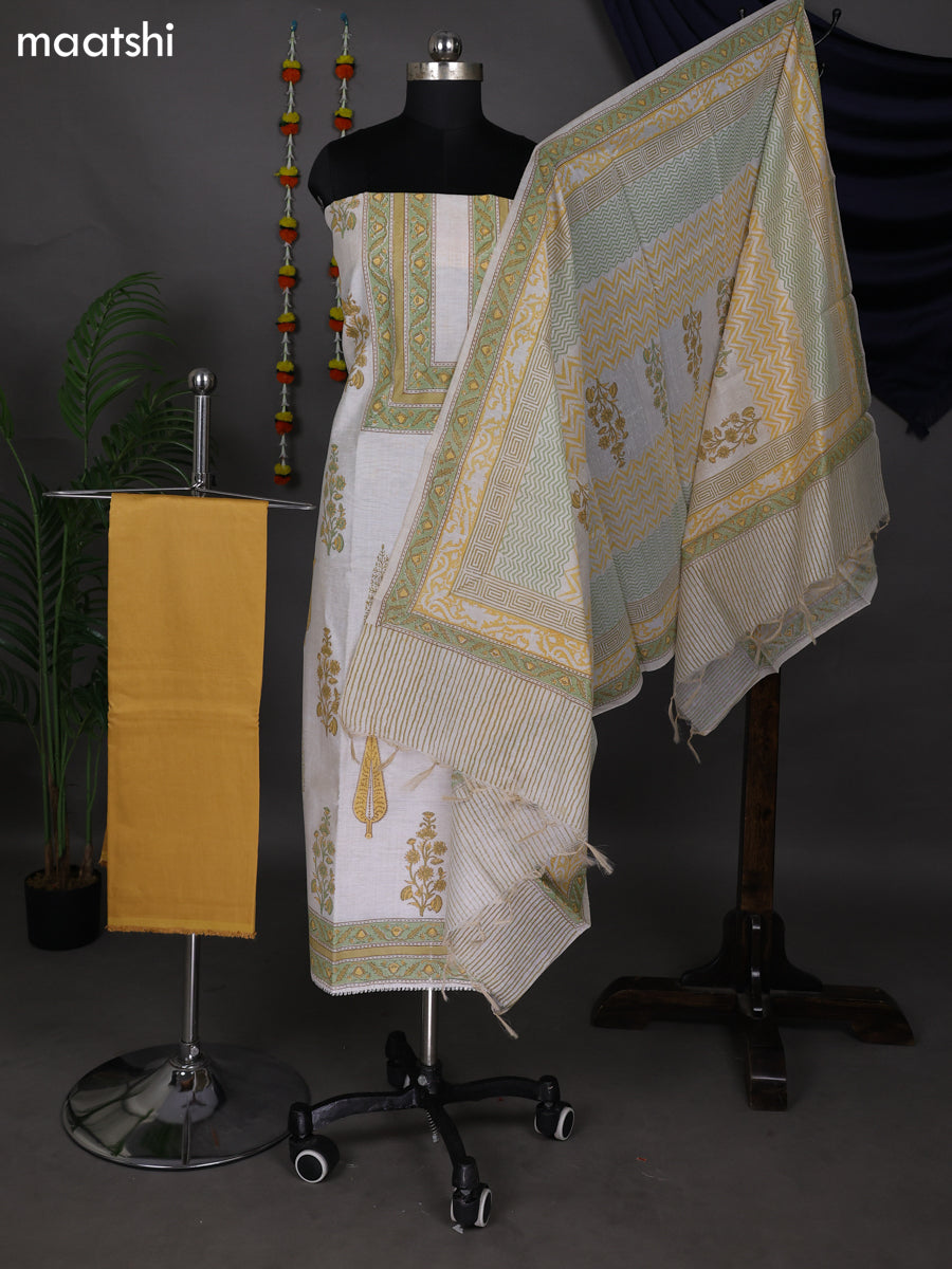 Off White and Mustard Shade Cotton Dress Material With Allover Prints and Bottom & Dupatta