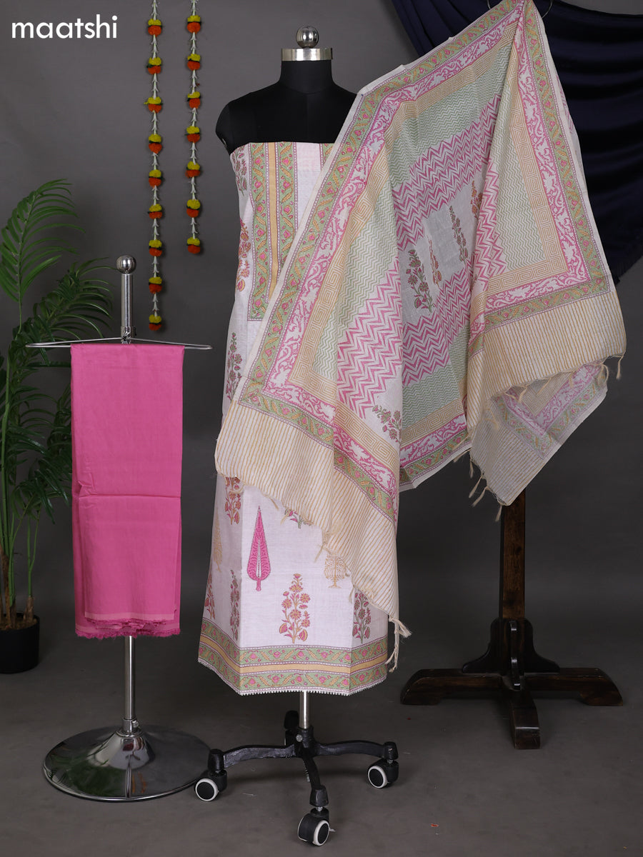 Off White and Peach Pink Cotton Dress Material With Allover Prints and Bottom & Dupatta