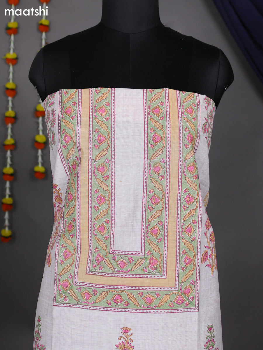 Off White and Peach Pink Cotton Dress Material With Allover Prints and Bottom & Dupatta