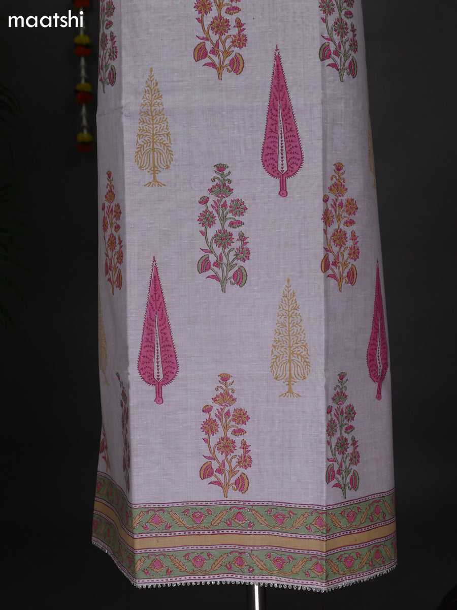 Off White and Peach Pink Cotton Dress Material With Allover Prints and Bottom & Dupatta