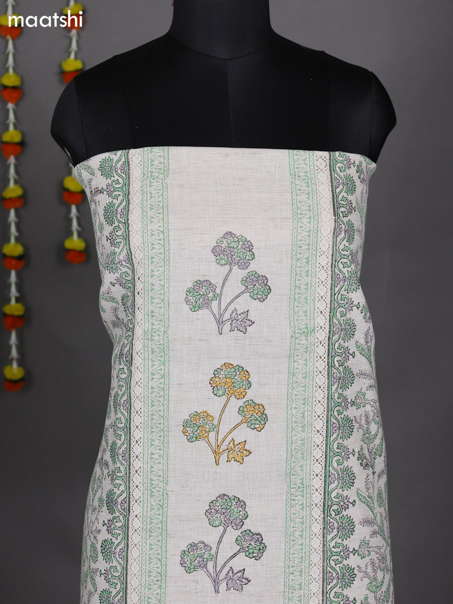 Off White and Pastel Green Cotton Dress Material With Allover Prints