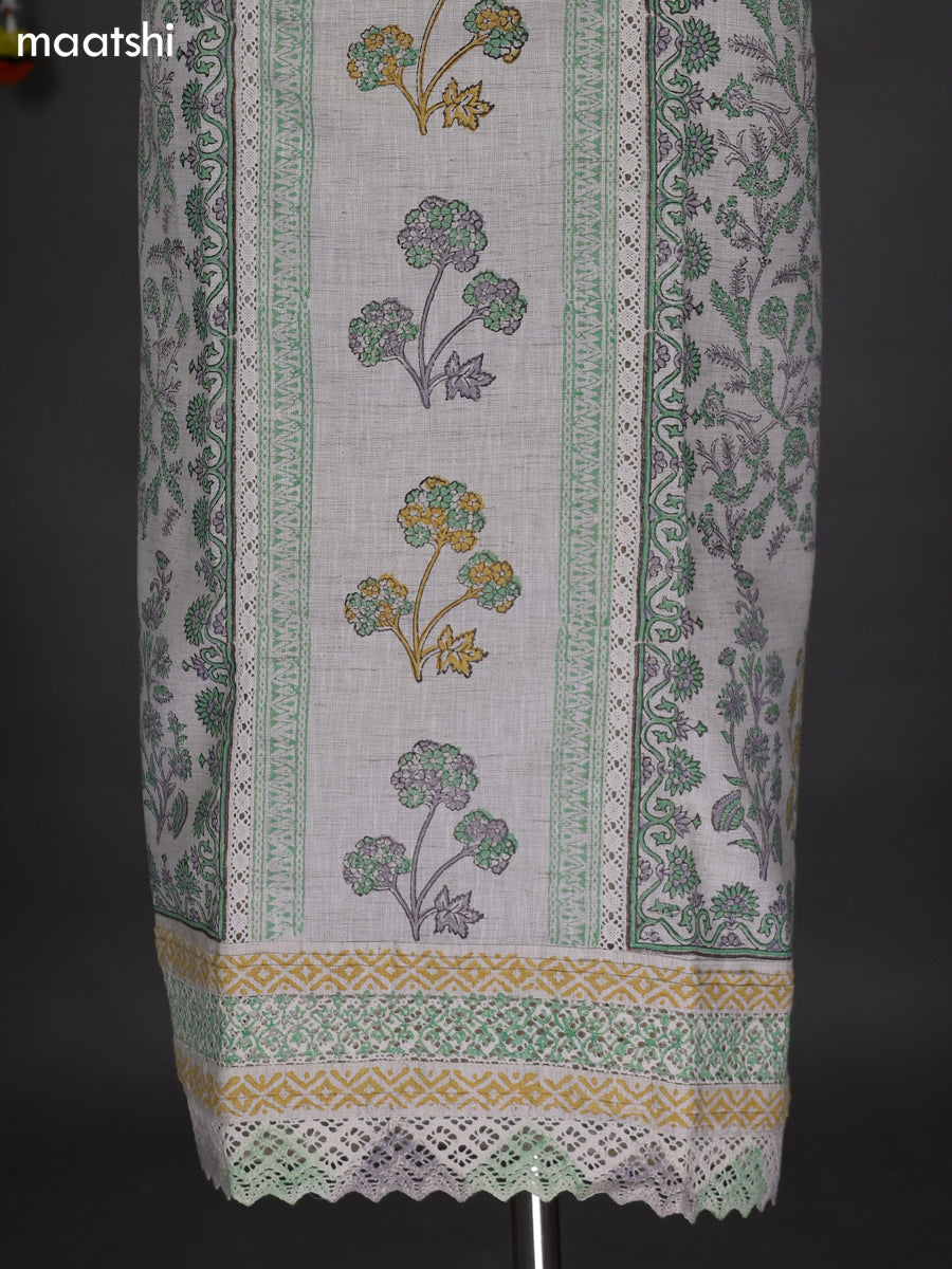 Off White and Pastel Green Cotton Dress Material With Allover Prints